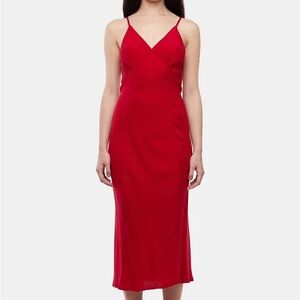 LACAUSA Red Slip Midi Dress Spaghetti Strap V-Neck